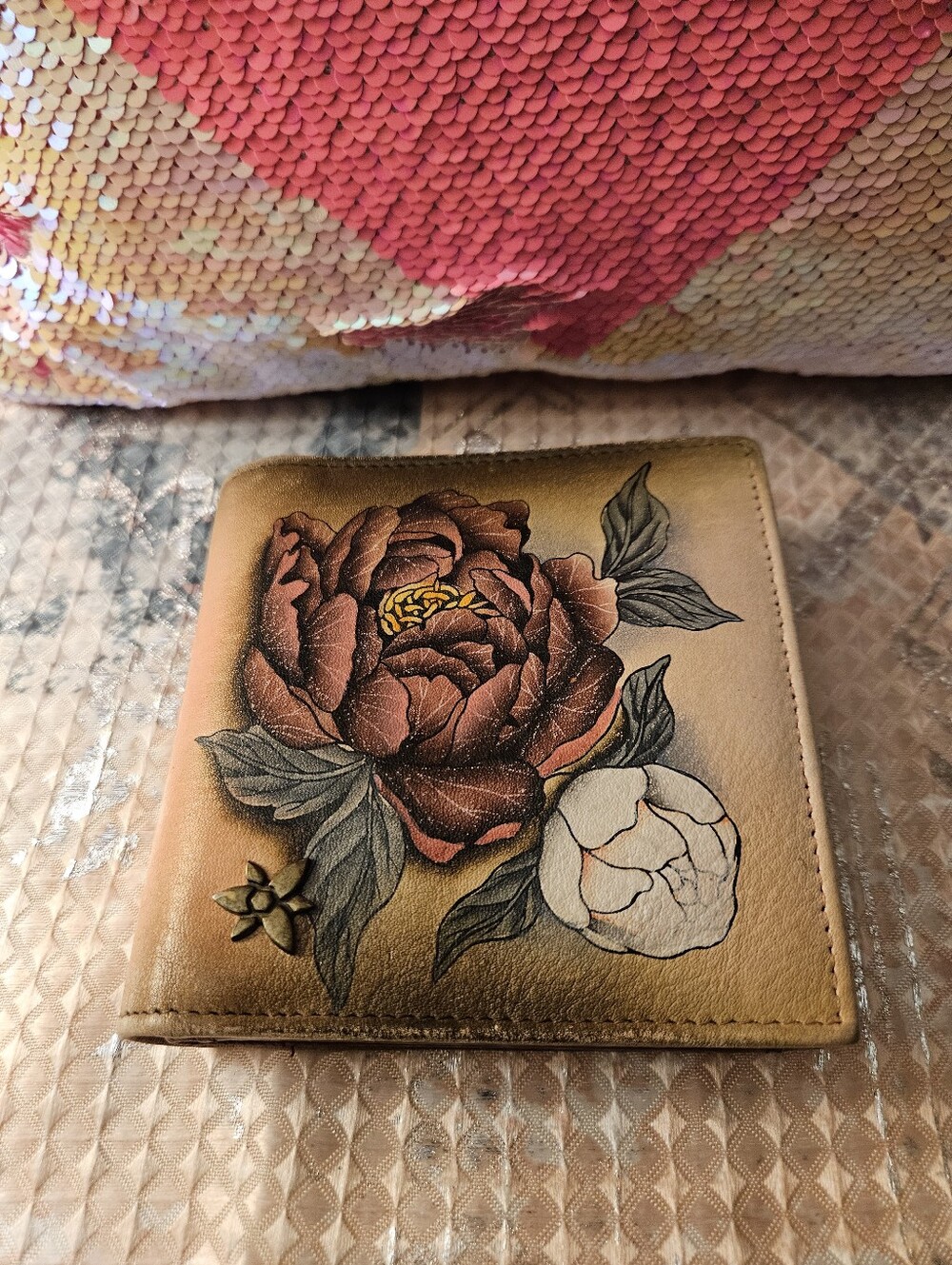 Anuschka Hand-Painted Gold and White Floral Wallet